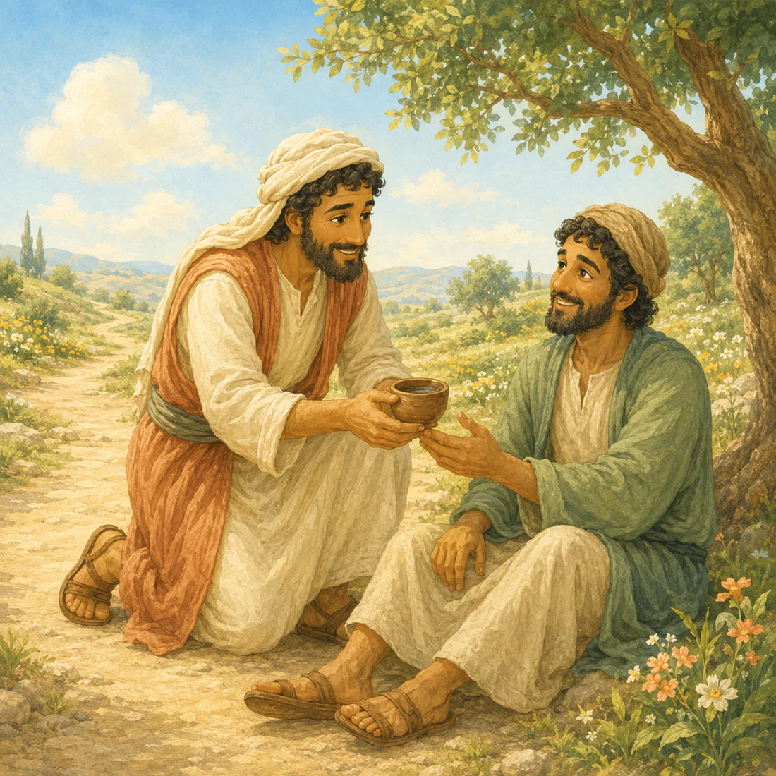 A kind Samaritan offering water to a smiling traveler
