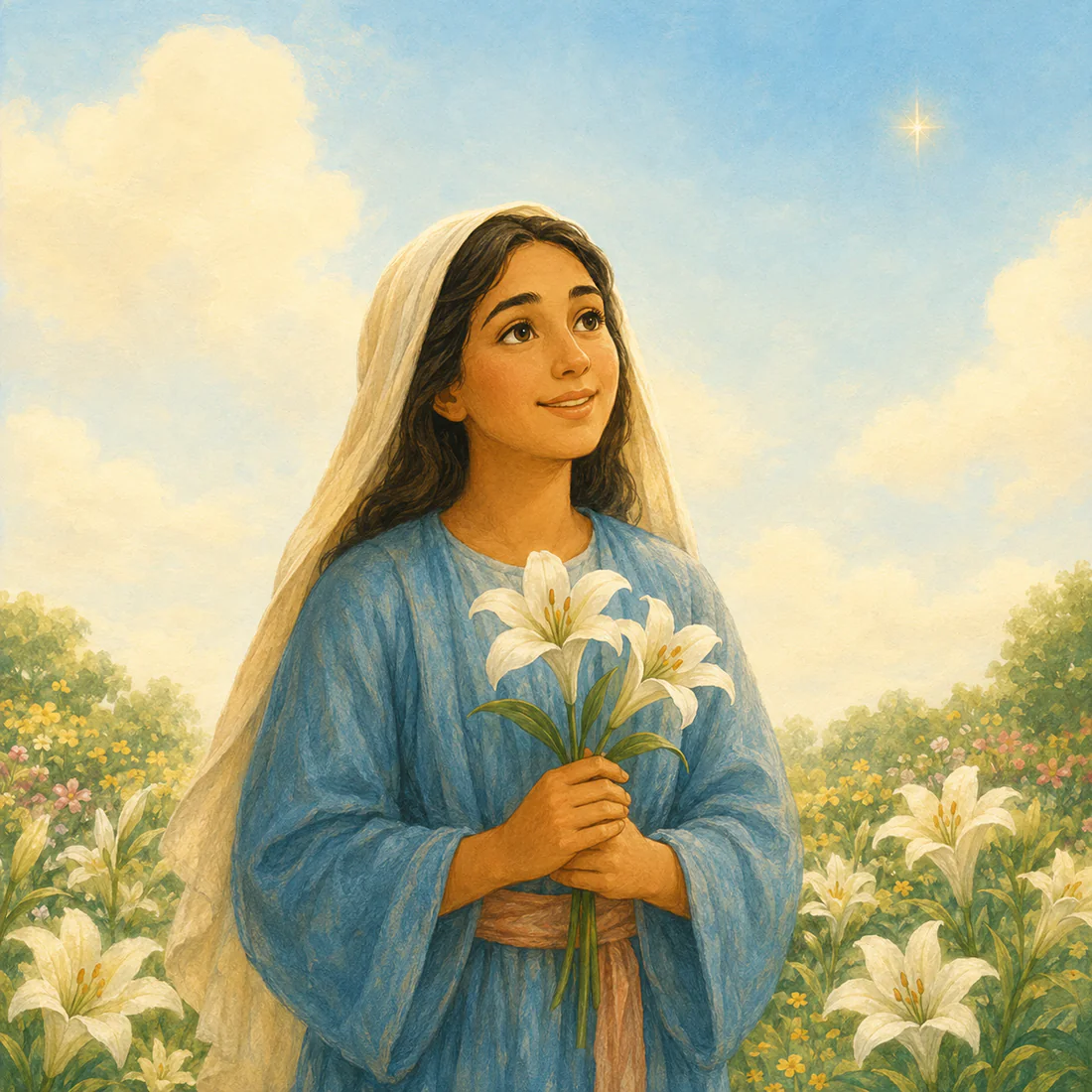 Mary smiling gently in a peaceful garden with white lilies