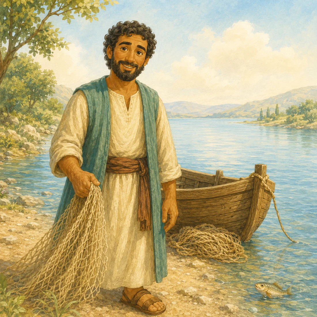 Peter smiling beside a small wooden boat on calm blue water